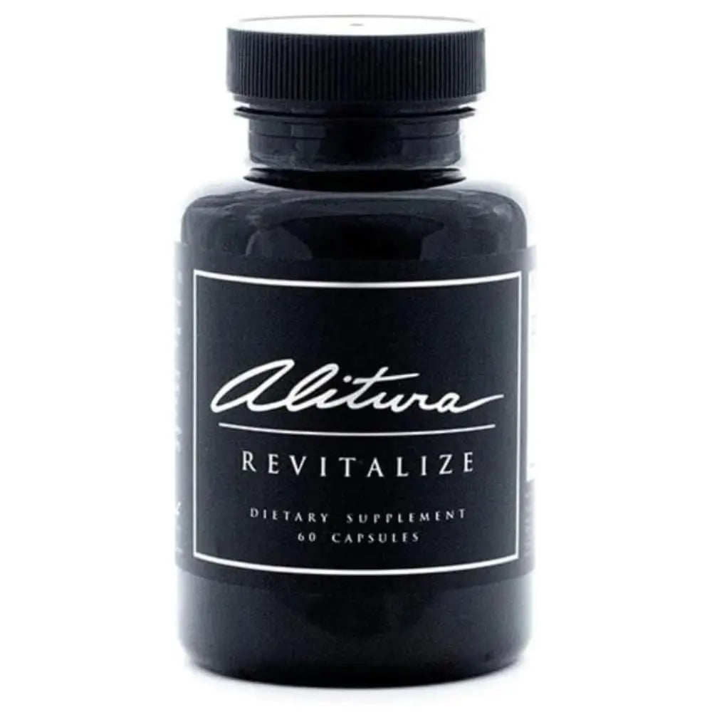 Black dietary supplement bottle labeled 'Alitiva Revitalize' on a white background