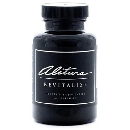 Black dietary supplement bottle labeled 'Alitiva Revitalize' on a white background
