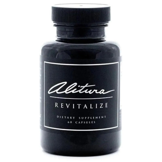 Black dietary supplement bottle labeled 'Alitiva Revitalize' on a white background