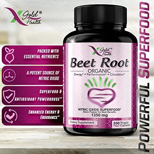 Organic Beet Root Powder 1350mg 200 Veggie caps Superfood Nitric Oxide Strongest X Gold Health