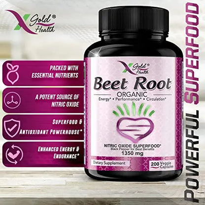 Organic Beet Root Powder 1350mg 200 Veggie caps Superfood Nitric Oxide Strongest X Gold Health