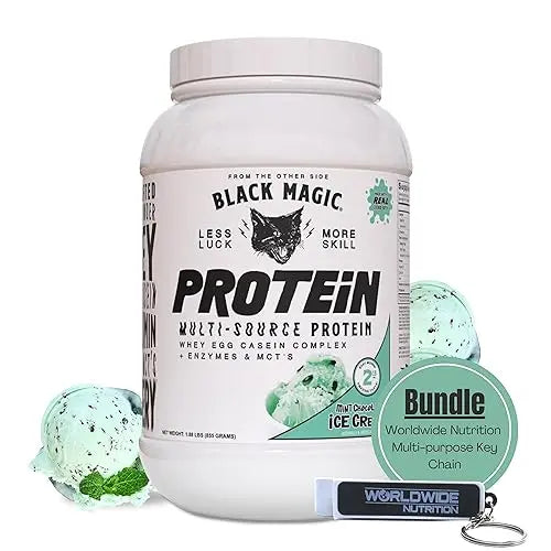 Worldwide Nutrition Bundle, 2 Items: Black Magic Multi-Source Protein Powder - Whey, Egg Albumin Enzymes, Micellar Casein & MCTs - Muscle Mass Gaining - Mint Chocolate Flavor - 2 LB and Keychain Worldwide Nutrition