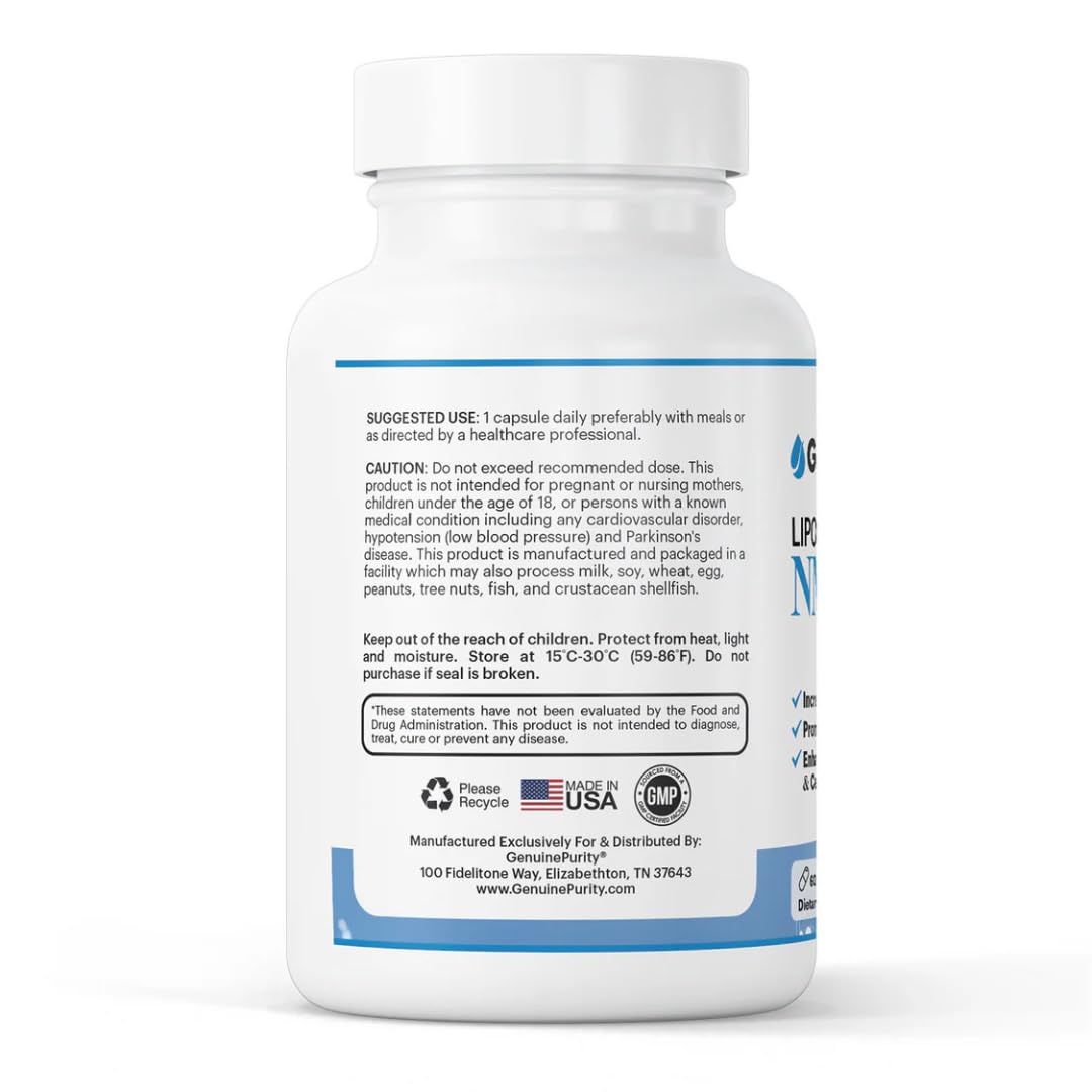 GenuinePurity - 250mg Liposomal NMN Supplement - 60 Vegan Capsules to Support NAD+ Production, Cellular Energy & Healthy Aging - Nicotinamide Mononucleotide for Metabolic Wellness & Immune Support GenuinePurityBuy Supplements Australia