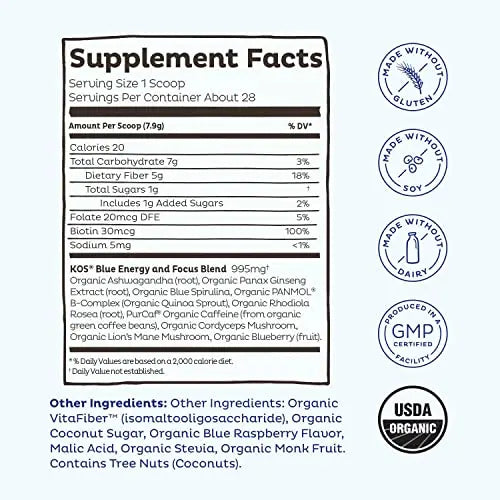 KOS USDA Organic Energizing Blue Spirulina Blend - 70 mg Organic Caffeine, B-Complex KOS
