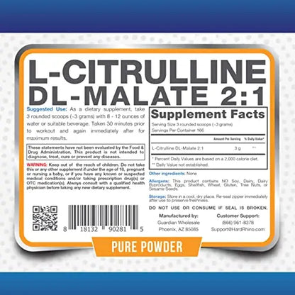 HR Supplements L-Citrulline DL-Malate 2:1 Powder, 1 Kilogram (2.2 Lbs), Unflavored Hard Rhino