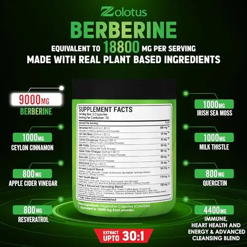 Zolotus 18800mg Berberine Supplement 40 in 1, with Sea Moss, Cinnamon, Milk Thistle Zolotus