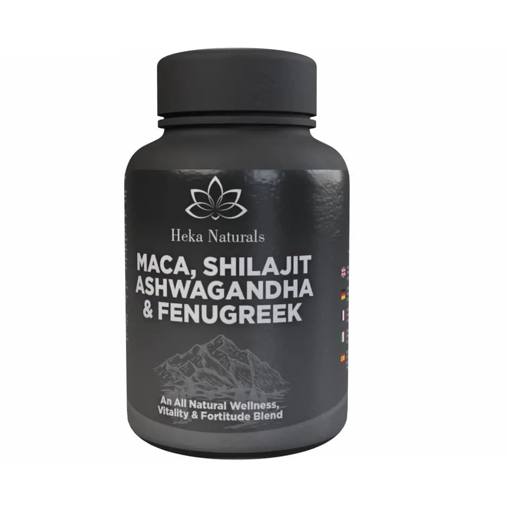 Black supplement bottle labeled 'Maca, Shilajit, Ashwagandha & Fenugreek' by Heka Naturals on a white background.