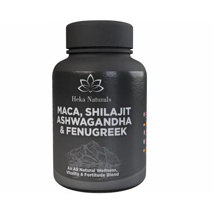 Black supplement bottle labeled 'Maca, Shilajit, Ashwagandha & Fenugreek' by Heka Naturals on a white background.