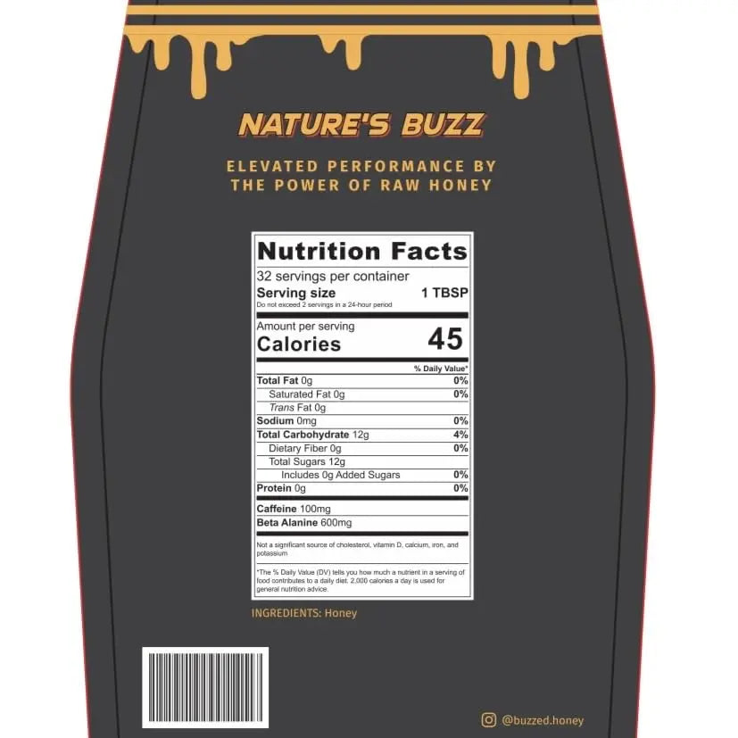 Buzzed Honey - 16oz, Natural Preworkout Supplement, Raw Honey, Caffeine, Clean Energy Buzzed Honey