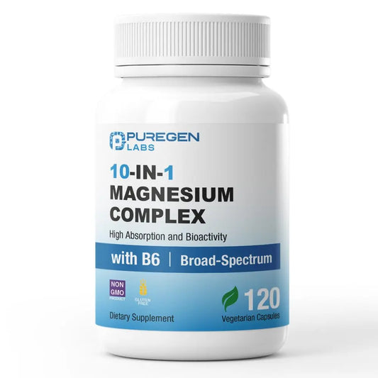 Supplement bottle labeled '10-IN-1 Magnesium Complex' by Puregen Labs on a white background