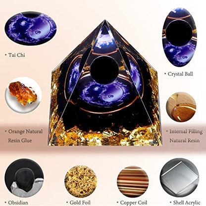 Yin Yang Healing Crystal Orgonite Pyramid - Tai Chi with Obsidian Ball - Taiji Reiki Chakra Meditation FENGSHUI-CAISHEN