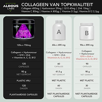 120 Capsules - Collagen with Hyaluronic Acid + Coenzyme Q10 + Vitamin C, A, D and B12 + Zinc Aldous Labs