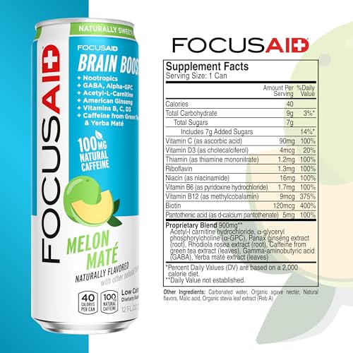 FOCUSAID Energy Blend, Brain Boosting Nootropics Drink, Alpha-GPC, GABA, B-Complex, Yerba Mate, Green Tea, 100% Clean, 100mg Natural Caffeine, 12-oz. can, 12 Pack LIFEAIDBuy Supplements Australia