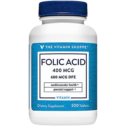 The Vitamin Shoppe Folic Acid 400MCG, Supports Prenatal & Fetal Development (300 Tablets) The Vitamin Shoppe