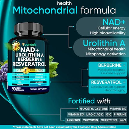 Adndale NAD Supplement. Longevity Formula with Liposomal NAD+, Trans Resveratrol, Urolithin-A, Berberine, CoQ10. NMN Supplement Alternative. 90 Count AdndaleBuy Supplements Australia