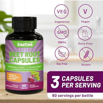 EAZGOO Beet Root Capsules 1000mg Per Serving, Supports Nitric Oxide Production & Blood EAZGOO