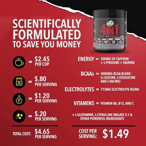 High IQ Nutrition 4 in 1 Lychee Flavored Pre Workout Powder 200mg Caffeine | Energy, Focus High IQ Nutrition