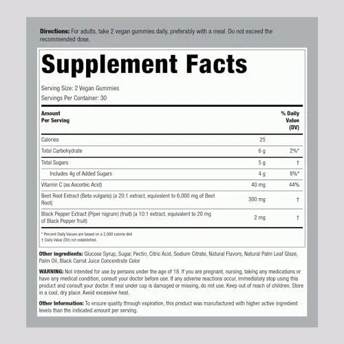 Beet Root Gummies | 60 Count | with Nitrates and Black Pepper Extract | Nitric Oxide Piping Rock