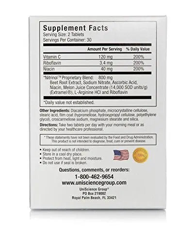 UniScience Group Nitrinol, Natural Nitric Oxide Booster with Beetroot Extract, 60 Tablets UniScience Group