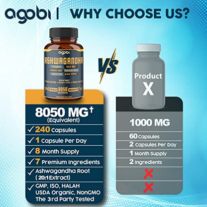 240 Capsules - 8 Month Supply - 7in1 Ashwagandha 8050mg - Combined With Fenugreek agobi