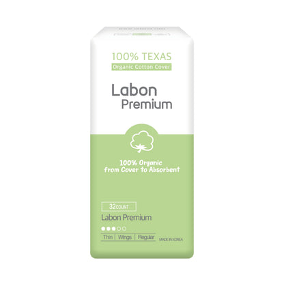 LABON Premium Vegan Organic Sanitary Pads (Regular, 25cm, 32 Counts) - 100% Organic Cotton Cover