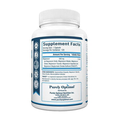 Purely Optimal Magnesium Complex - 6 Forms Magnesium Glycinate, Citrate & Malate - Sleep Support, Stress Relief, Muscles, Heart Health & Relaxation Purely Optimal