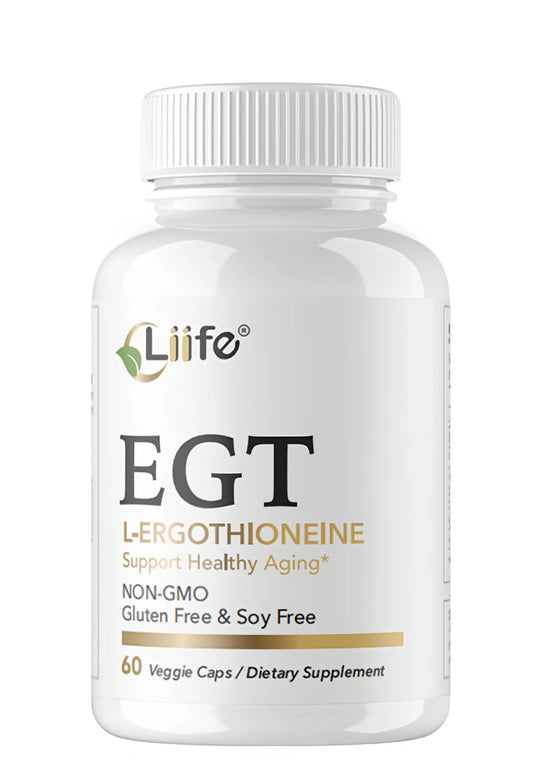 Supplement bottle labeled 'EGT' with Liife branding on a white background