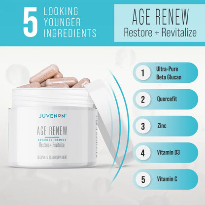 Juvenon AgeRenew Beta Glucan Anti Aging Immunity Support Supplement, Beta Glucan with Zinc Quercetin for Immune Defense Boost Juvenon buy supplements Au