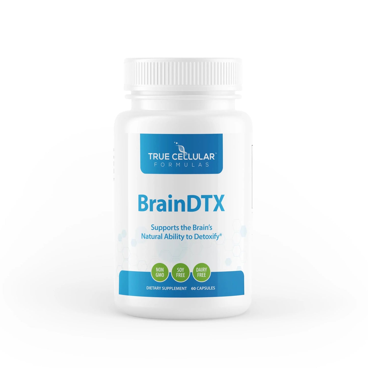 Supplement bottle labeled 'BrainDTX' by True Cellular Formulas on a white background