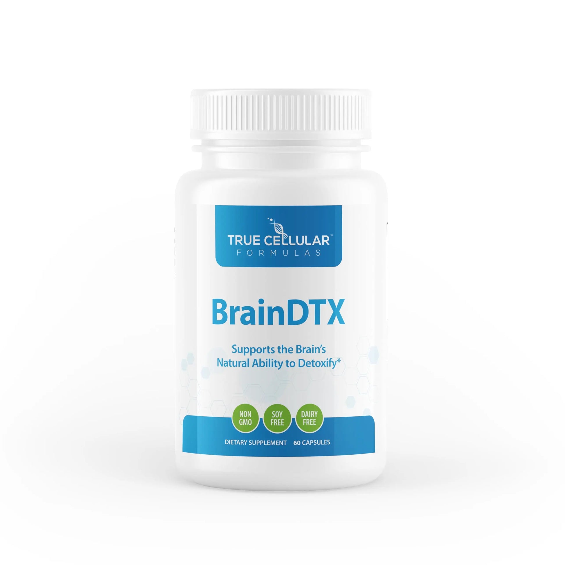 Supplement bottle labeled 'BrainDTX' by True Cellular Formulas on a white background
