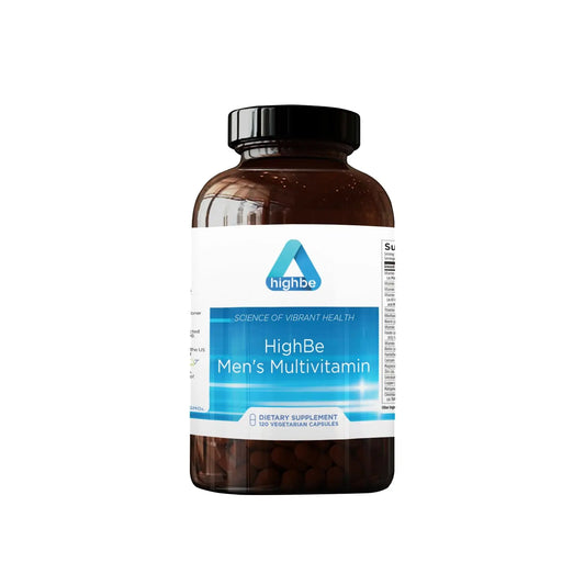 Bottle of HighBe Men's Multivitamin on a white background