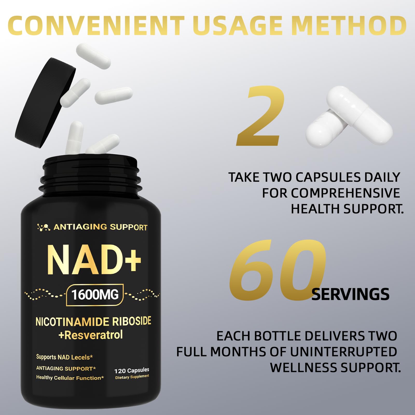 NAD Supplement 1600mg, NAD+ with Resveratrol & Nicotinamide Riboside, Anti-Aging Support, Cellular Energy & Mental Clarity Support, Vegan Non-GMO, 120 Capsules ANTIAGING SUPPORTBuy Supplements Australia