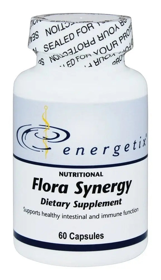 Energetix Flora Synergy dietary supplement bottle on a white background