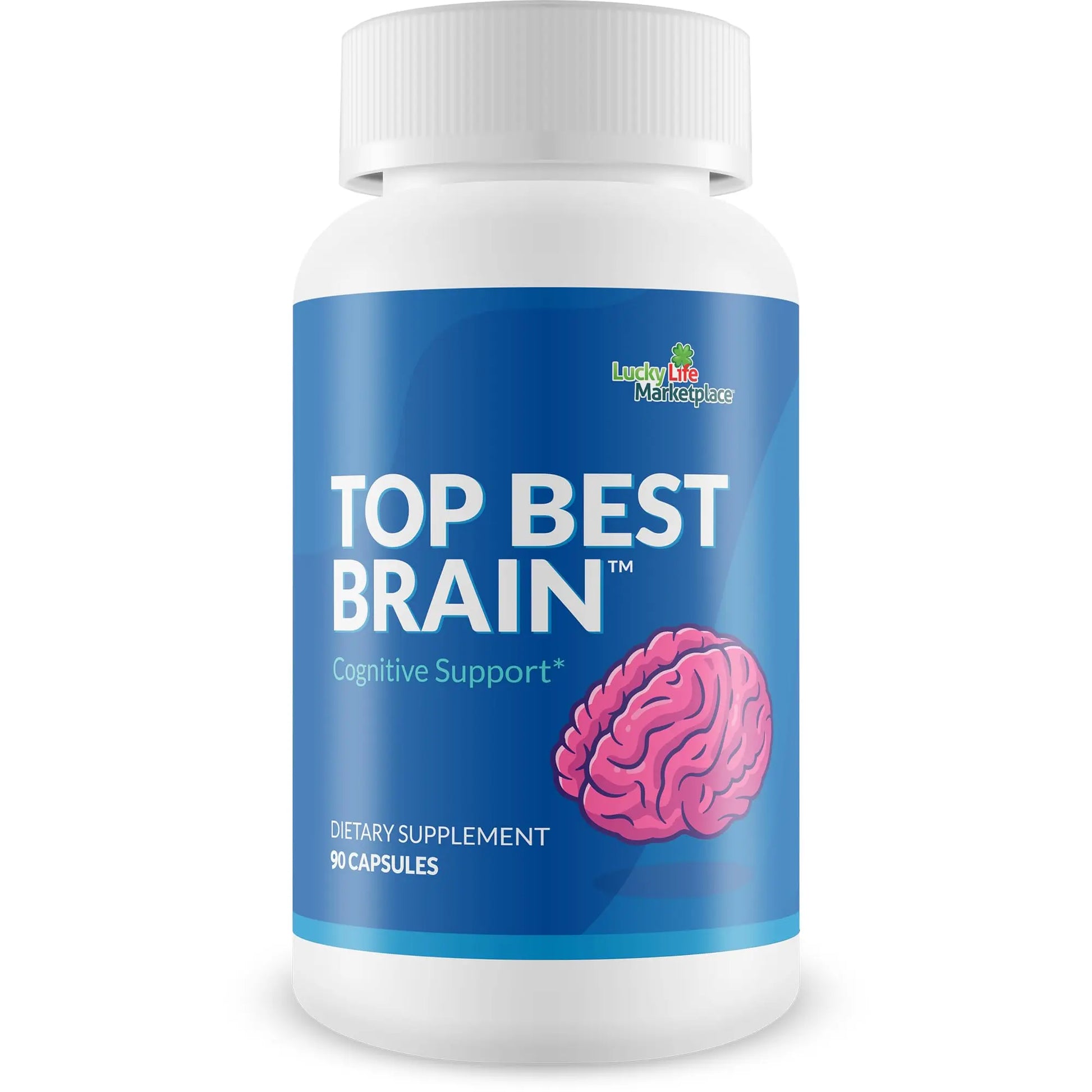 Supplement bottle labeled 'Top Best Brain' on a white background