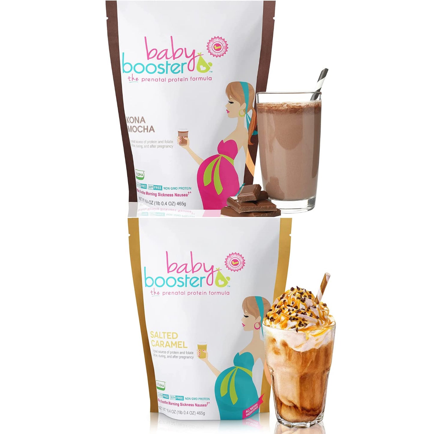 Baby Booster Prenatal Vitamin Supplement Shakes, Kona Mocha and Salted Carmel Baby Booster