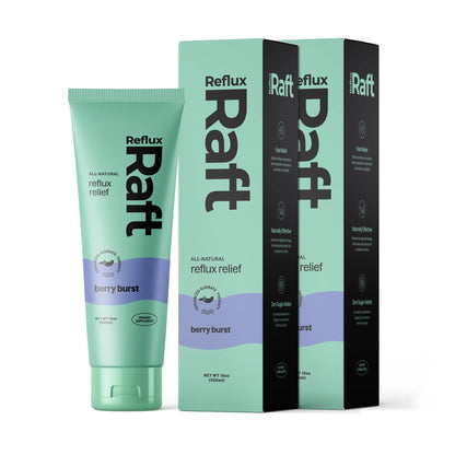 Reflex Raft all-natural reflux relief product packaging on a white background