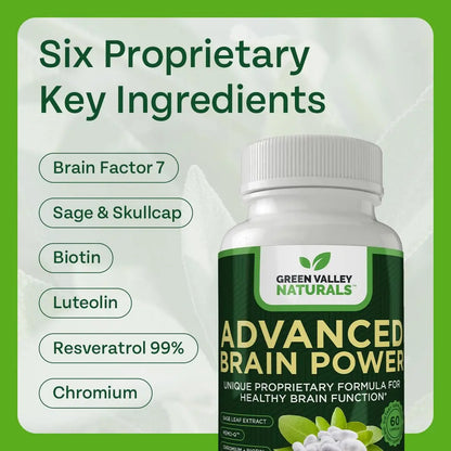 GREEN VALLEY NATURALS - Advanced Brain Power - Supports Healthy, Normal Brain Function, Focus and Concentration, clinically formulated to Support Healthy Brain Clarity. (1 Bottle, 60, Count) GREEN VALLEY NATURALS buy supplements Au