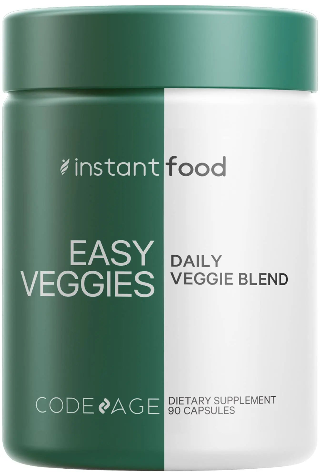 Dietary supplement container labeled 'Easy Veggies Daily Veggie Blend' by Instant Food on a white background.