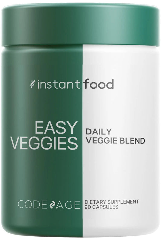 Dietary supplement container labeled 'Easy Veggies Daily Veggie Blend' by Instant Food on a white background.