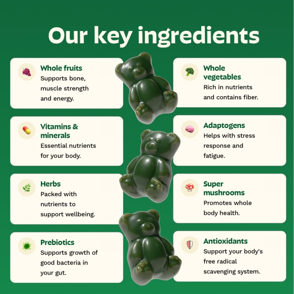 Gruns Adults Super Greens Gummies, Multivitamin Superfood Gummy Bears, Spirulina, Chlorella, Prebiotics & Fiber Gummies for Digestive Health GrünsBuy Supplements Australia