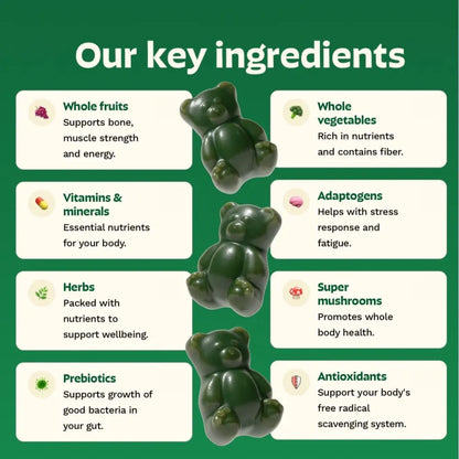 Gruns Sugar-Free Super Greens Gummies, Multivitamin Superfood Gummy Bears, Spirulina, Chlorella, Prebiotics & Fiber gummies for Digestive Health, Adaptogens Supplement, 20 Vitamins & Minerals, 10 pack Grüns buy supplements Au