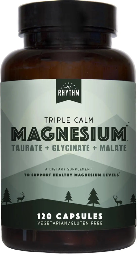Supplement bottle labeled 'Triple Calm Magnesium' by Rhythm on a white background
