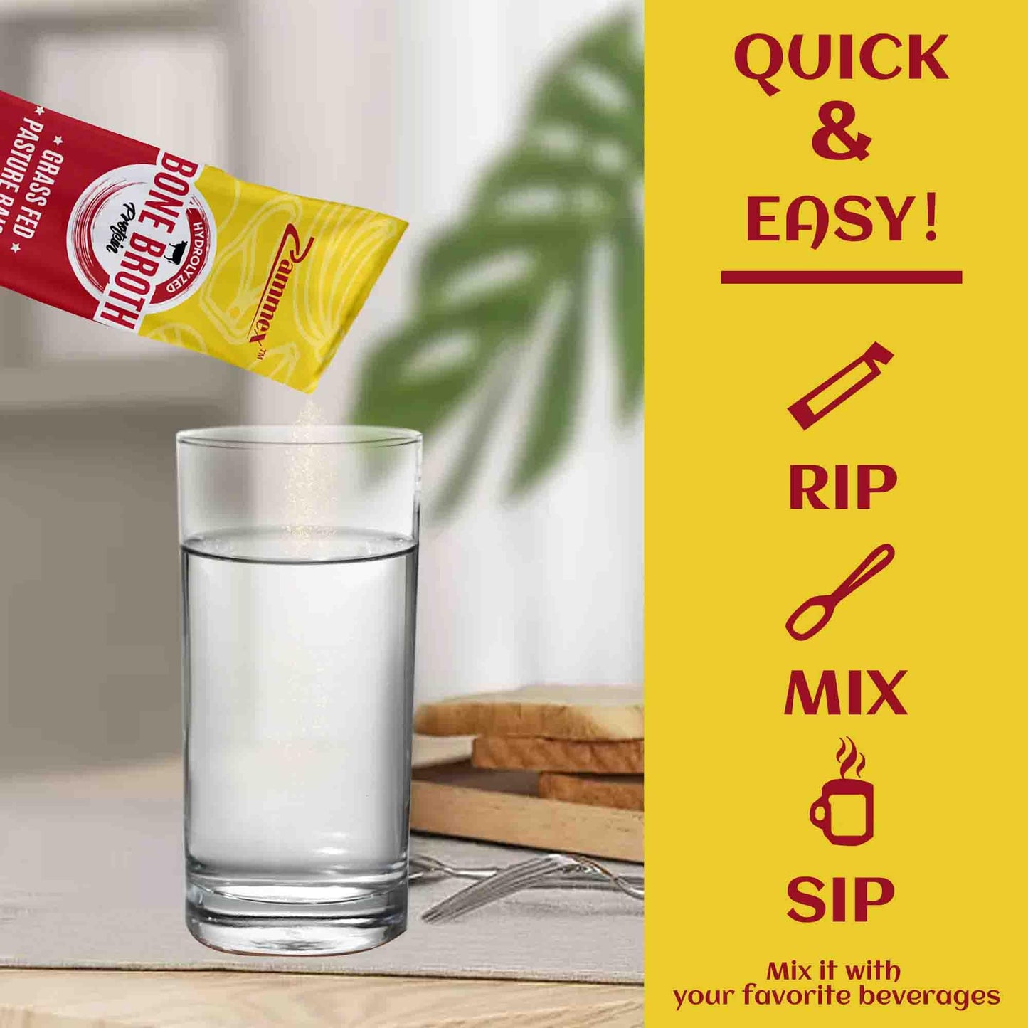 Zammex Bone Broth Packets-20g Collagen Protein-Beef Bone Broth Powder to Go-30 Travel Zammex