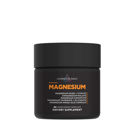 Black supplement jar labeled 'Livingood Daily Magnesium' on a white background