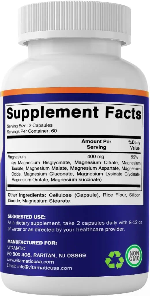 Vitamatic Magnesium Complex, 400mg Elemental MG (as Bisglycinate, Citrate, Taurate, Malate, Aspartate, Oxide, Gluconate, Lysinate Glycinate, Orotate, Succinate) – 120 Capsules Vitamatic buy supplements Au
