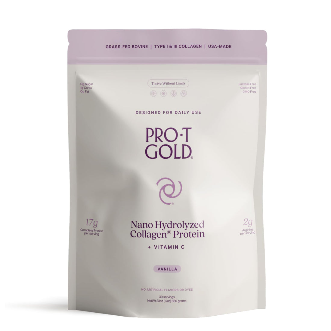 ProT Gold Collagen Protein Powder, 17g Protein Nano-Hydrolyzed Grass Fed Collagen, Vitamin C, 2g Arginine for Wound Support, Gluten Free, All Natural, Fat and Sugar Free, 0g Carbs, Vanilla, 23 oz, 30 ProT GoldBuy Supplements Australia