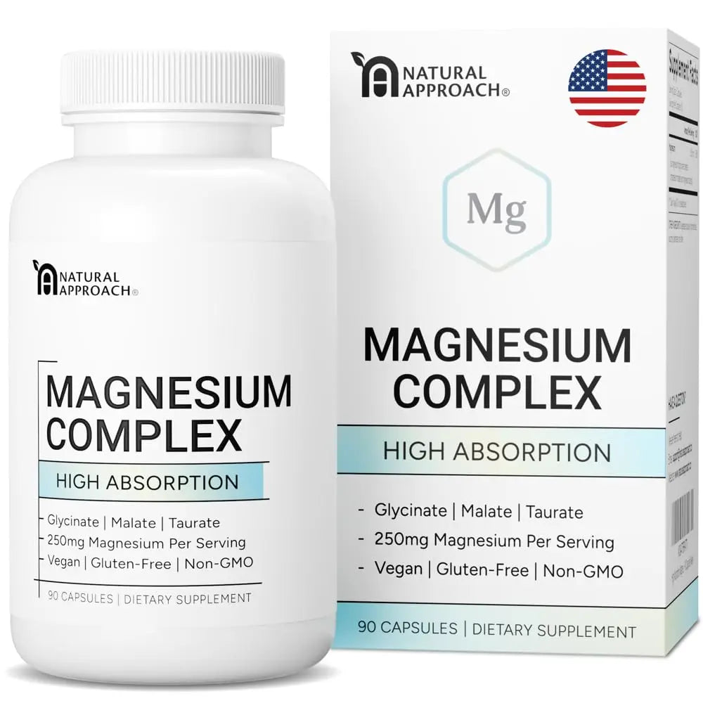 Supplement bottle and packaging of Magnesium Complex with 'Natural Approach' branding.