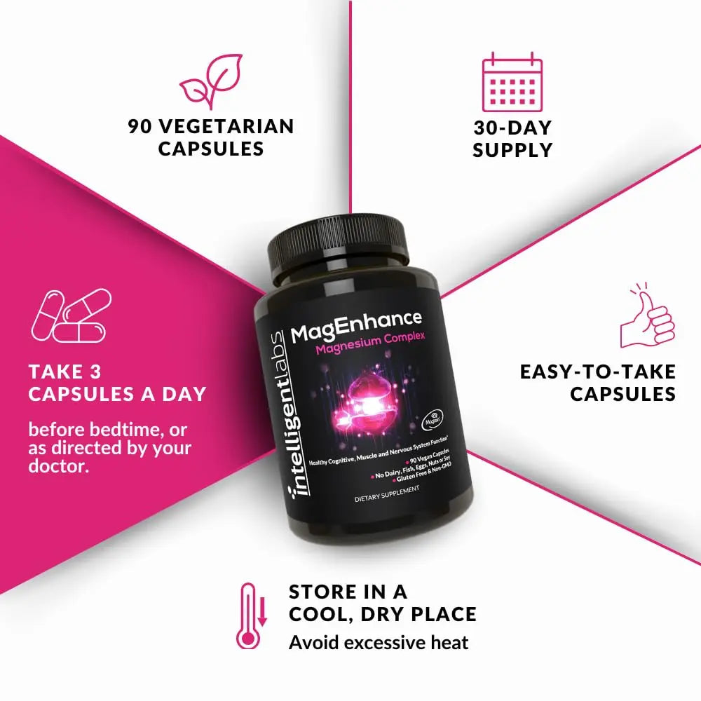 Intelligent Labs MagEnhance Magtein Magnesium Complex Supplement L-Threonate with Magnesium Glycinate and Taurate, 90 Capsules Intelligent Labs