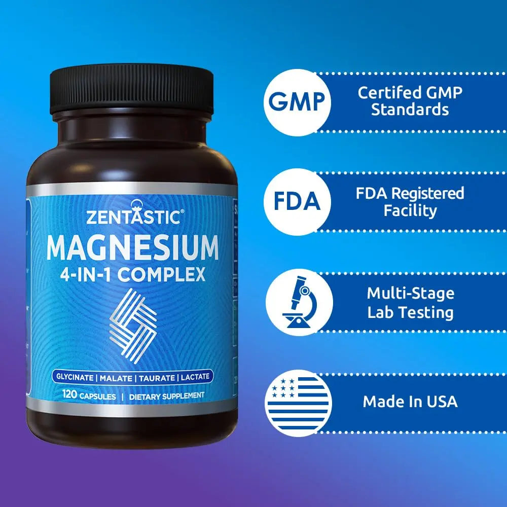 Zentastic Magnesium Complex 4-in-1 Supplement – Magnesium Glycinate, Malate, Taurate & Lactate – Chelated High Absorption for Nerves, Zentastic