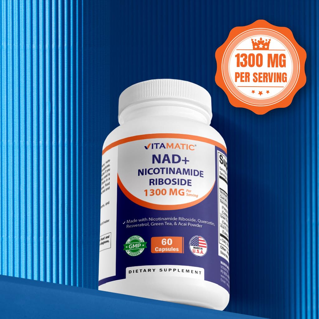 Vitamatic NAD Nicotinamide Riboside Supplement 1300mg 60 Ct - Support Healthy Aging, Cellular Energy Production, Made with Riboside, Quercetin, Resveratrol, Green Tea, & Acai Powder VitamaticBuy Supplements Australia